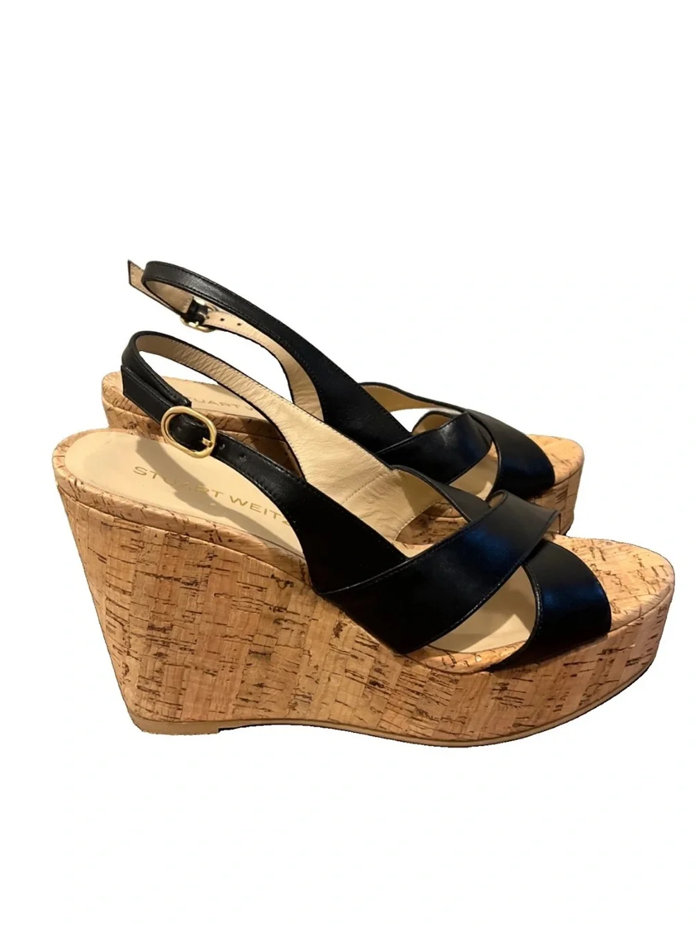 NWOB Stuart Weitzman Dayna Leather Cork Wedge Slingbacks Sz 7.5